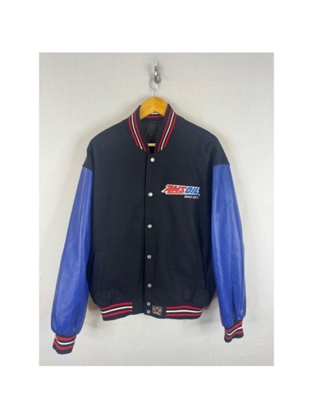 JH Design AMSOIL Reversible Varsity Jacket Wool Blue Leather Sleeves Mens Large
